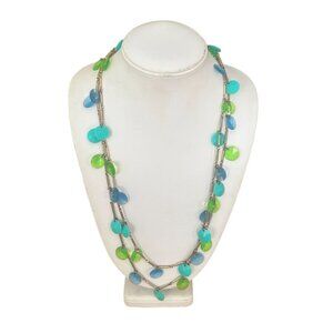 Multi-Strand Blue Green Lucite Necklace Gold-Tone Chain 30 Inch Lobster Clasp